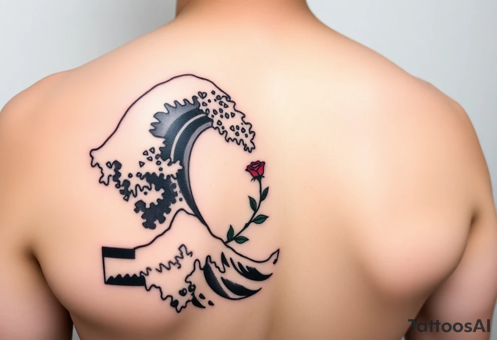 Shoulder tattoo of the Great Wave of Kanagawa in black and white with a small beautiful red rose with no stem in the space where the wave curves tattoo idea