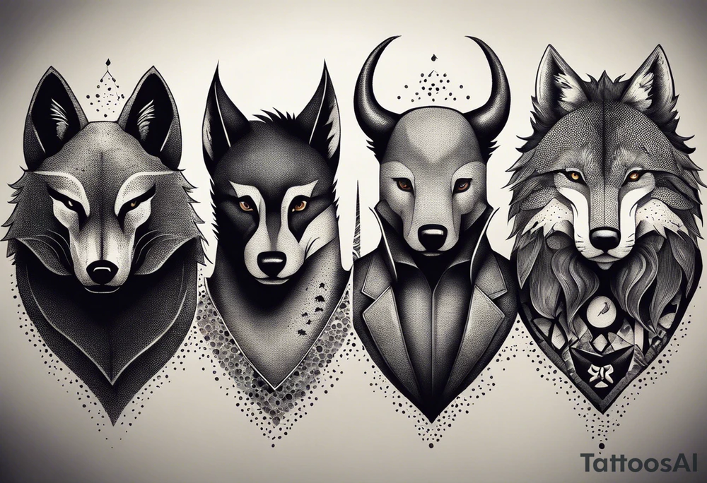 a super hero team which is combination of animals.
One is Badger/Wolverine, One is Bull, One is Wolf, One is Axolotl, One is Canary, One is Lizard, One is Cat tattoo idea