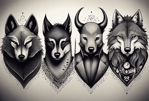 a super hero team which is combination of animals.
One is Badger/Wolverine, One is Bull, One is Wolf, One is Axolotl, One is Canary, One is Lizard, One is Cat tattoo idea