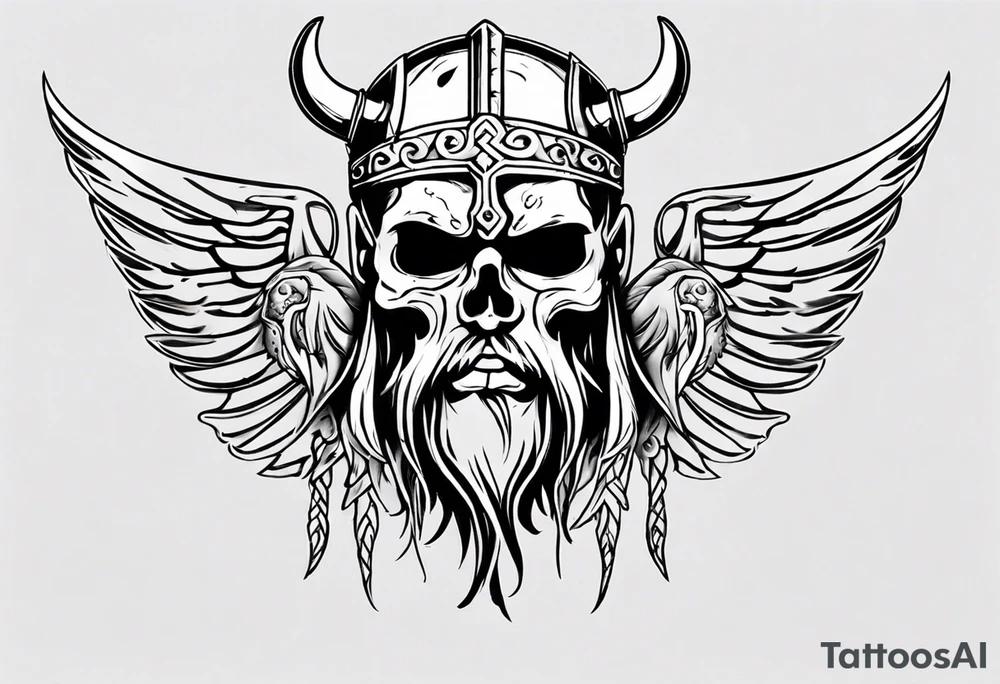 Viking face with skulls on the side with wings tattoo idea