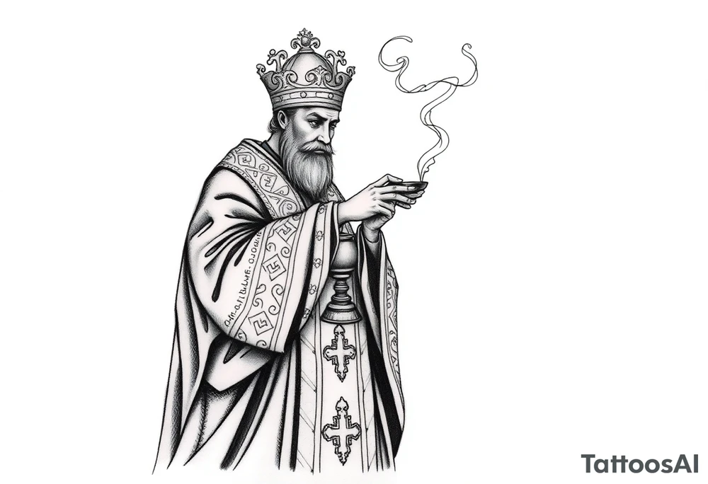 A Russian Orthodox Priest in full gold vestments swinging a censer with smoke curling upward 

The ornate robes give incredible fine line detail
The incense smoke could flow and connect to other elements
It ties directly into the church and Virgin Mary you already have
Very culturally authentic to the overall theme tattoo idea