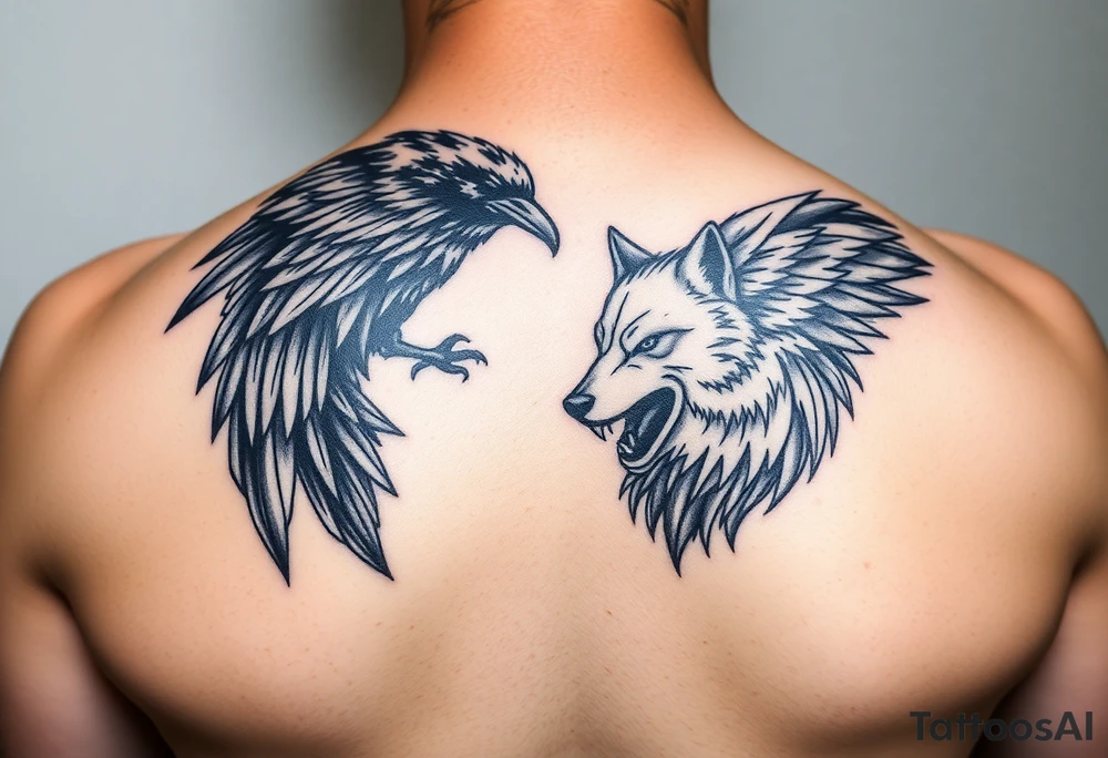 powerful meaningful with a raven and wolf tattoo idea