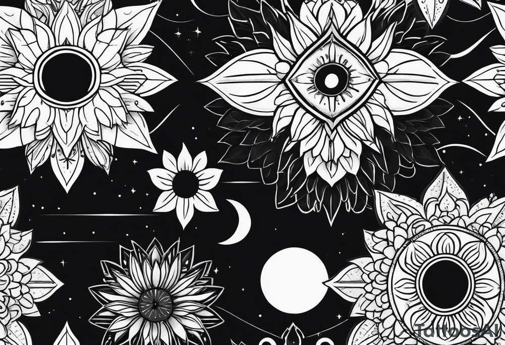 Strip of Moon phases in horizontal line, floral tattoo idea