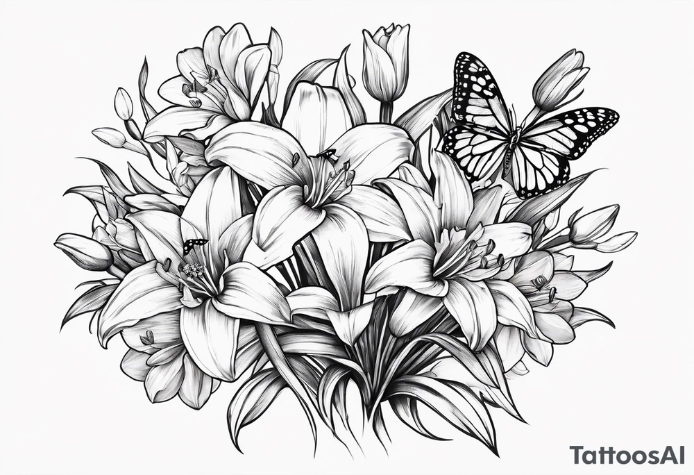 Wild flower of lily daisy and daffodil bouquet with butterfly 6-8 inches bi tattoo idea