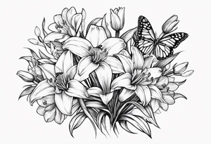 Wild flower of lily daisy and daffodil bouquet with butterfly 6-8 inches bi tattoo idea