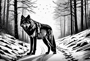 Lone wolf on a path or road. A pack of wolfs on the opposite end of road. More realistic tattoo idea