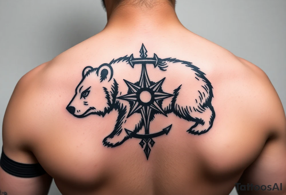 Nordic Viking themed bear on shoulder Vegvisir symbol tribal elder furthark bicep band tattoo idea