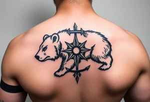 Nordic Viking themed bear on shoulder Vegvisir symbol tribal elder furthark bicep band tattoo idea