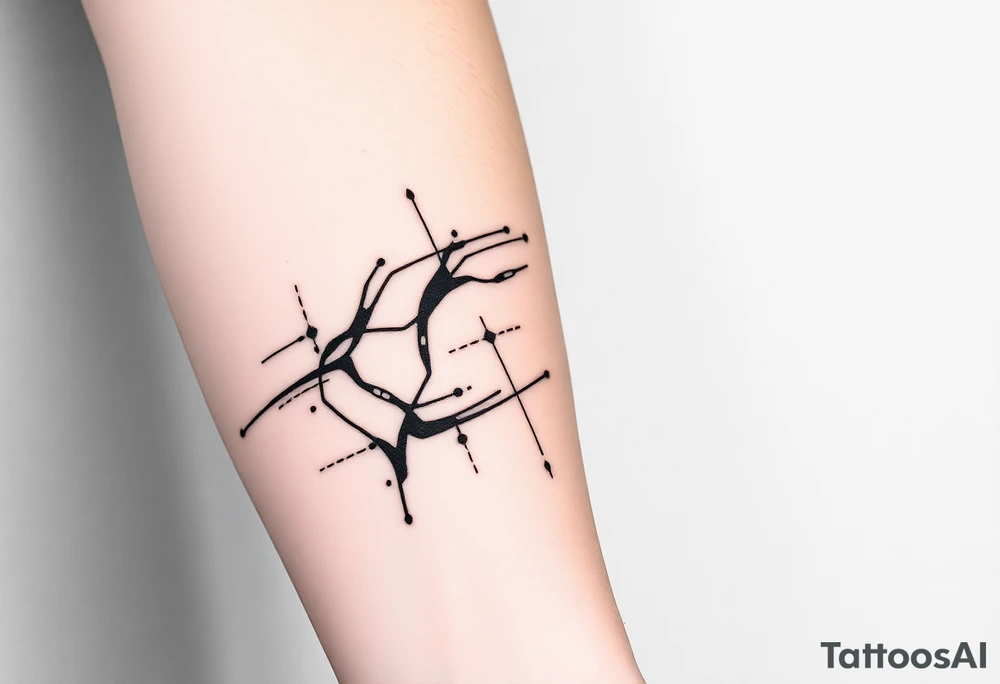 Abstract black line tattoo for a male, inner forearm and elbow area.
Broken, segmented flowing lines, sharp turns, mechanical rhythm, subtle dot accents.
Not delicate, not ornamental, technical and controlled motion.
Black ink only, no shading, photo-accurate tattoo design. tattoo idea