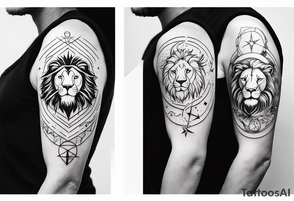 tattoo full sleeve that includes astrologic signs of  cancer, aquarius, lion and sagittarius tattoo idea