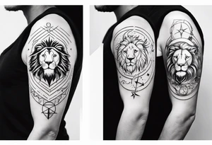 tattoo full sleeve that includes astrologic signs of  cancer, aquarius, lion and sagittarius tattoo idea