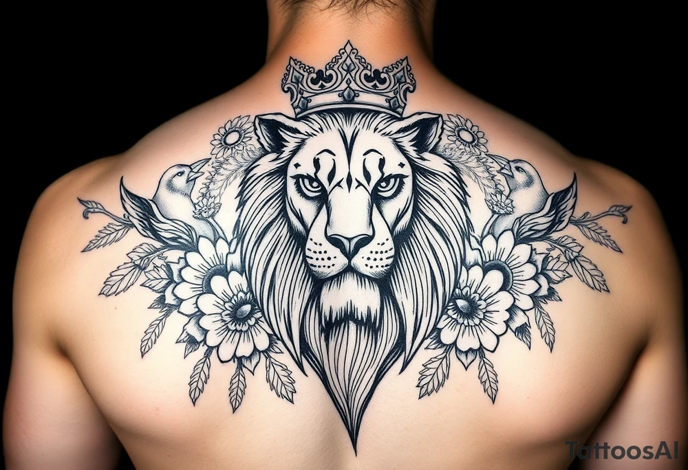 powerful majestic lion with a crown, surrounded by floral ornaments and birds tattoo idea