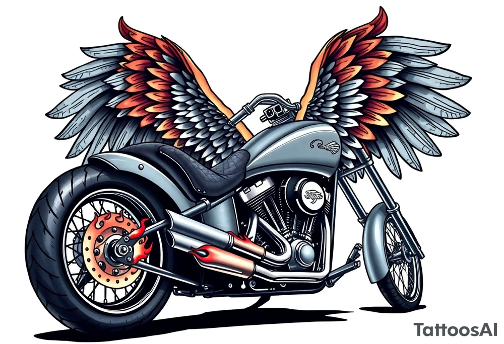 Low rider grey motorcycle, big muffler pipes with flames, angel wings tattoo idea