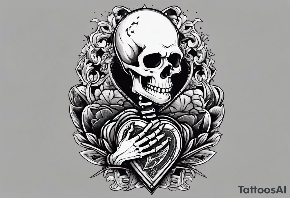 depressed skeleton holding his heart in his hand with a knife through the heart tattoo idea
