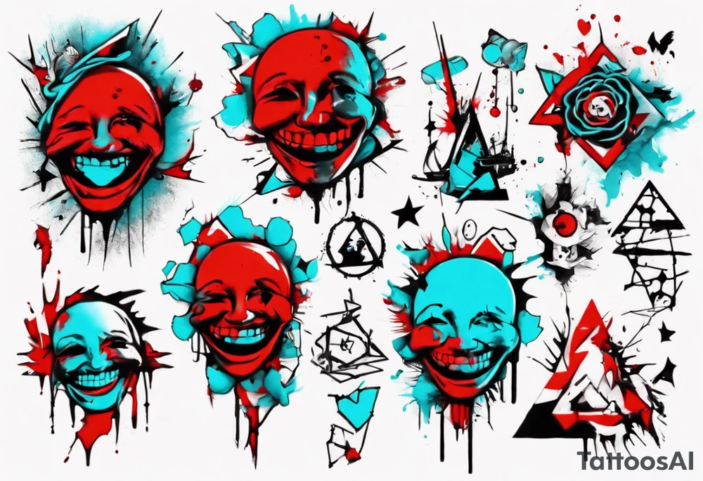 BANKSY ART STYLE,  cyan and red, acquarel, abstract, damage done, realistic smile, romancistic, geometric, single flash image tattoo idea