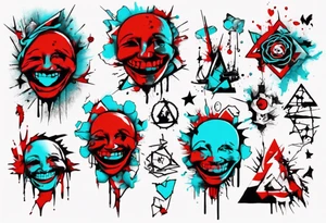 BANKSY ART STYLE,  cyan and red, acquarel, abstract, damage done, realistic smile, romancistic, geometric, single flash image tattoo idea