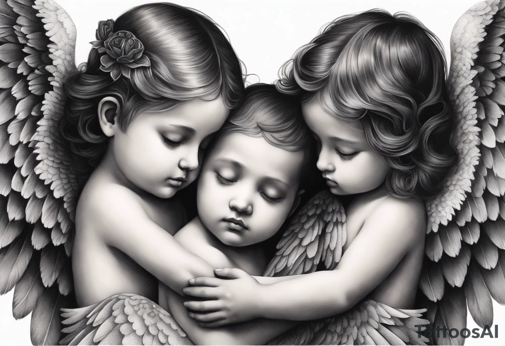 angels praying together. Three boy angels  and three girl angel, with their wings gently enfolding a baby angel in a protective embrace tattoo idea