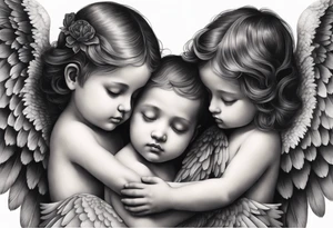 angels praying together. Three boy angels  and three girl angel, with their wings gently enfolding a baby angel in a protective embrace tattoo idea