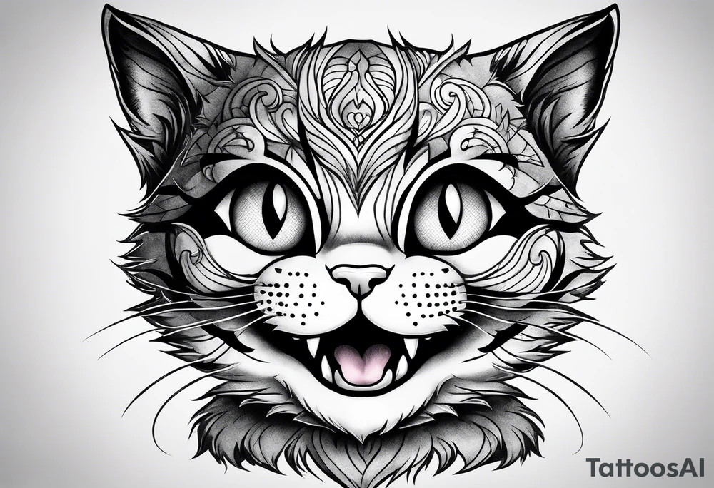 Cute Maine coon kitten dressed like Cheshire cat tattoo idea