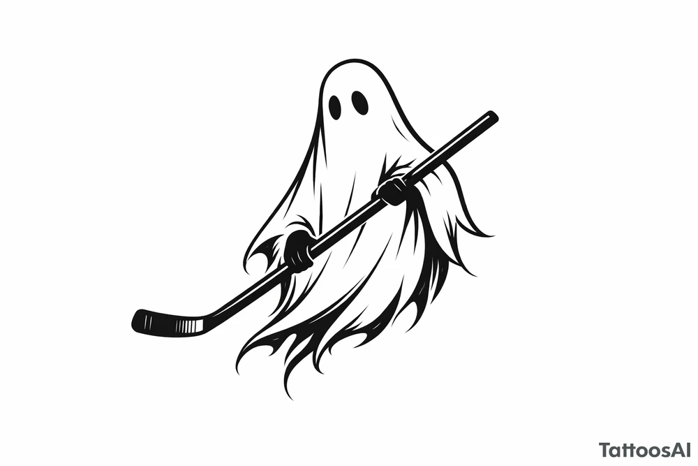 Minimalist silhouette of a ghost holding a hockey stick, black ink. tattoo idea
