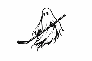 Minimalist silhouette of a ghost holding a hockey stick, black ink. tattoo idea