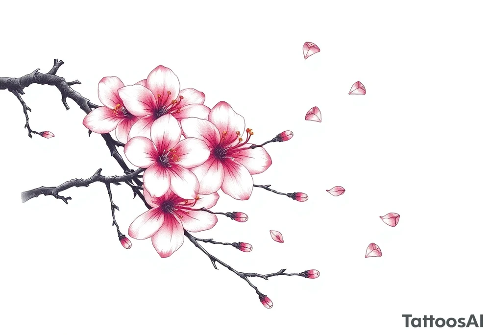 delicate cherry blossoms swirling in spring breeze with petals tattoo idea