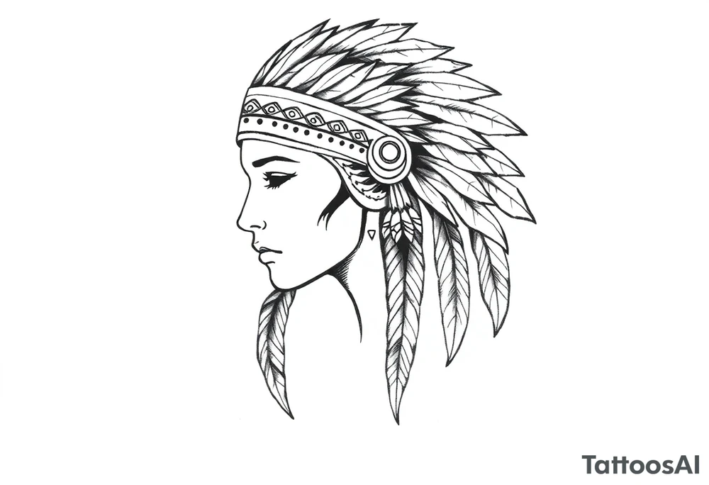 Female Native American detailed feather headdress tattoo idea