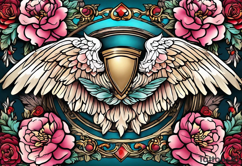 beautiful angel wings with colorful, peonies. beautiful flilligree in the background , full color, traditional old school tattoo idea