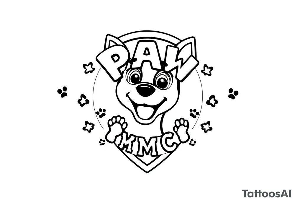 Paw Patrol Badge with footprints chasing letters KMC around the outside staggered tattoo idea