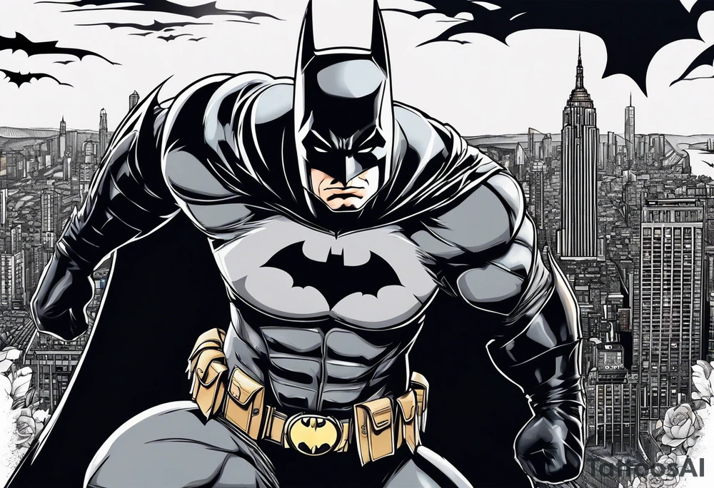 Batman with Batman-Logo and Gotham city in background tattoo idea