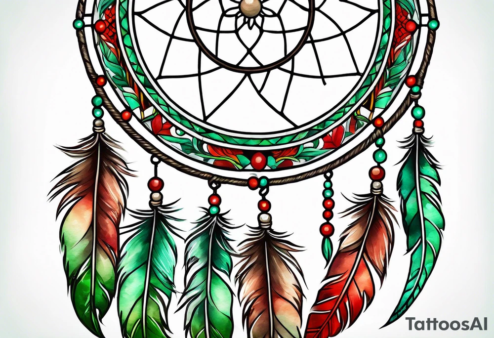 dreamcatcher with 3 feathers red green tattoo idea