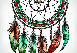 dreamcatcher with 3 feathers red green tattoo idea