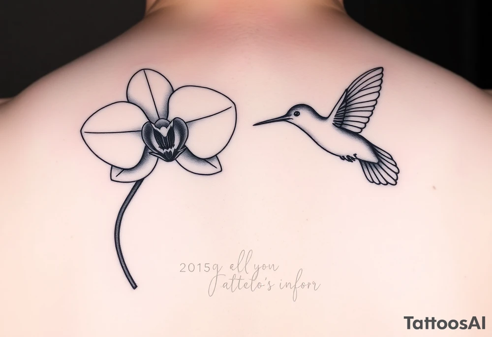 A delicate, black and white fine-line tattoo for make, featuring a gracefully detailed orchid in full bloom (stem and at least 2 flowers), with soft, intricate petals and elegant curves. Beside it, a hummingbird hovers mid-flight, its wings drawn with subtle motion lines, its slender beak reaching toward the orchid’s center to drink its nectar. The design captures a sense of balance and harmony, with the contrast between the stillness of the flower and the gentle energy of the bird. Perfectly suited for the upper arm, this piece combines nature’s beauty and movement in a timeless, minimalist style tattoo idea