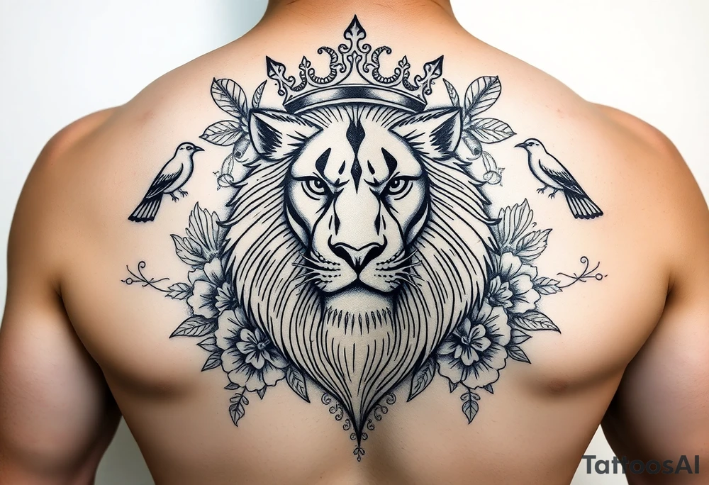powerful majestic lion with a crown, surrounded by floral ornaments and birds tattoo idea
