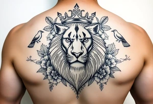 powerful majestic lion with a crown, surrounded by floral ornaments and birds tattoo idea
