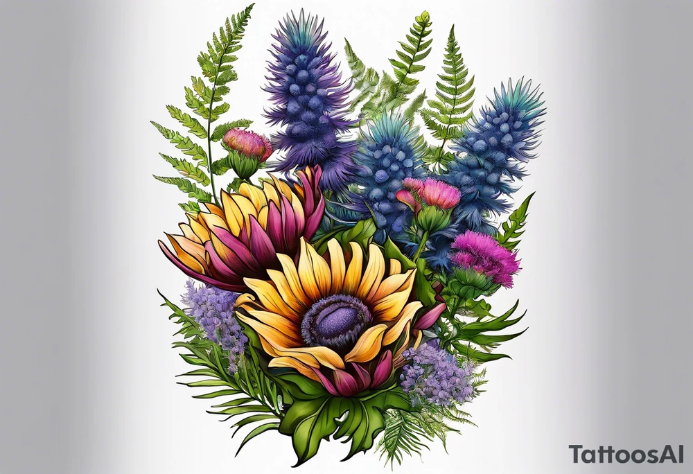spread out mixed wildflower bouquet with ferns, thistle and with color tattoo idea