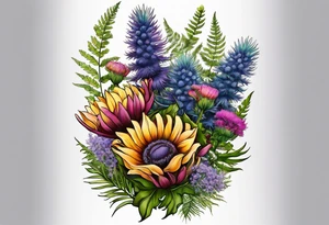 spread out mixed wildflower bouquet with ferns, thistle and with color tattoo idea