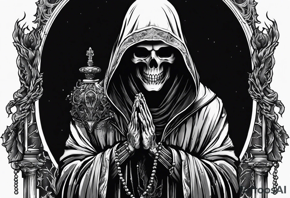 The grim reaper standing from a side profile praying with a rosary wrapped around his hands from a far with skeleton hands show his whole body tattoo idea