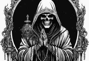 The grim reaper standing from a side profile praying with a rosary wrapped around his hands from a far with skeleton hands show his whole body tattoo idea