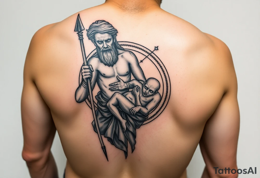 a tattoo design of the Greek God Saturn but older and nearly dying holding his spear looking down using the spear to keep himself upright, in his other arms cradling a twin dying younger version of himself. The gemini constellation is in the background behind the Saturn Gods. Long vertical form as this will be on a thigh - include the planet Saturn rings going round the design tattoo idea