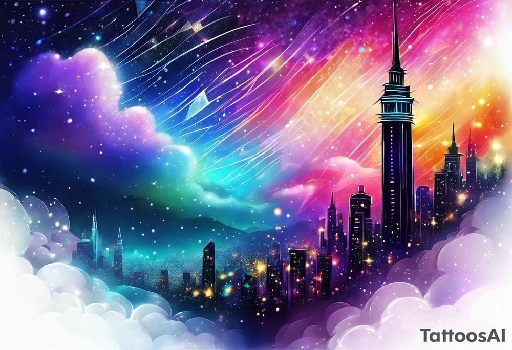 Holographic glitter rain wind crystal tower dazzling sparkle breathtaking wispy galaxy tattoo idea