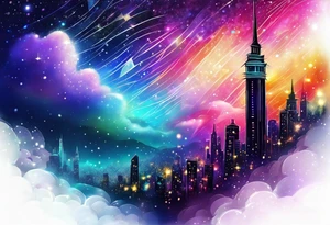 Holographic glitter rain wind crystal tower dazzling sparkle breathtaking wispy galaxy tattoo idea