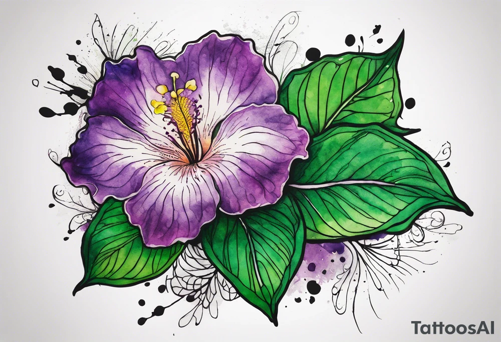 A mystical outline of a rio dipladenia flower and a green and purple watercolor splash in the background tattoo idea