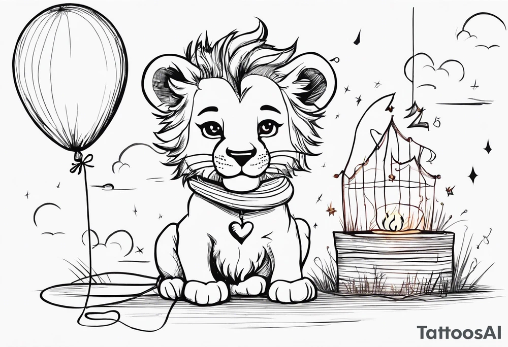 tatoo in sketch style only.
A little lion boy is holding a string to the hearth shaped small party baloon.
lion boy should be drawed from behind and has one hand reaching up in 45 degree angle and holding the baloon string
On the string is a wave which look like a hearbeat pulse.
draw it without any scenery, without any background. Just a boy 
Add heartbeat pulse on the string tattoo idea