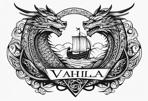 Valhalla sword shield viking ship dragon head tattoo idea