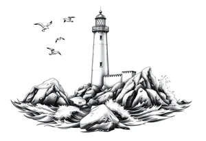 Lighthouse surrounded by a few boulders in the sea with high waves and seagulls flying around tattoo idea