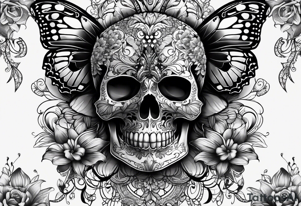 Lace-patterned skull with butterflies tattoo idea