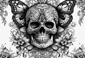 Lace-patterned skull with butterflies tattoo idea