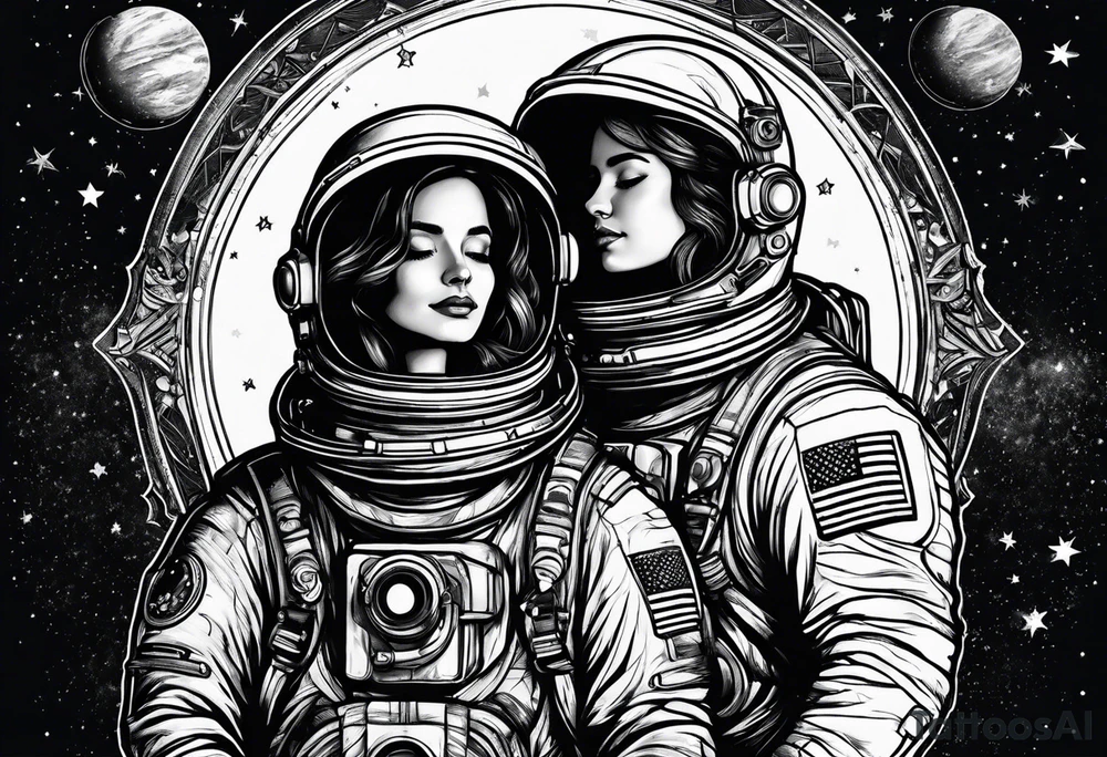 two astronauts hugging each other tattoo idea
