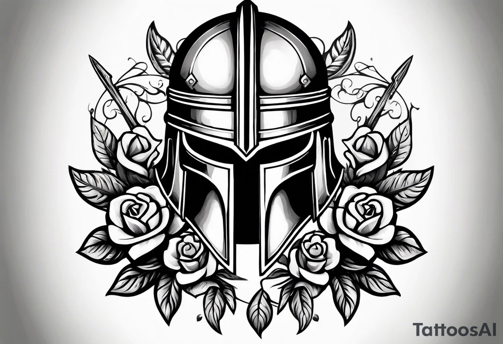 A miniature image of a Spartan helmet and a medieval sword with a rose. tattoo idea